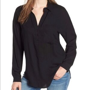 𝅺LUSH Rayon Black Loose Fit Drapey Popover Henley Top Black XS / S NEW